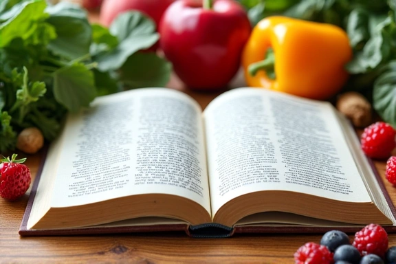 Ein offenes Buch und gesunde Lebensmittel wie Obst, Gemüse und Nüsse symbolisieren Wissen und Ernährung