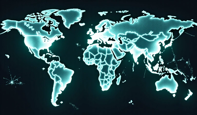 Eine stilisierte Weltkarte mit Verbindungslinien, die Kommunikation und globale Erreichbarkeit symbolisieren.